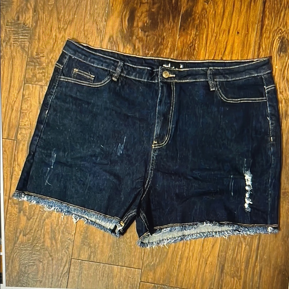 Agnes Orinda Womens 3X Denim Shorts High Waist Raw Hem Stretch Distressed Blue